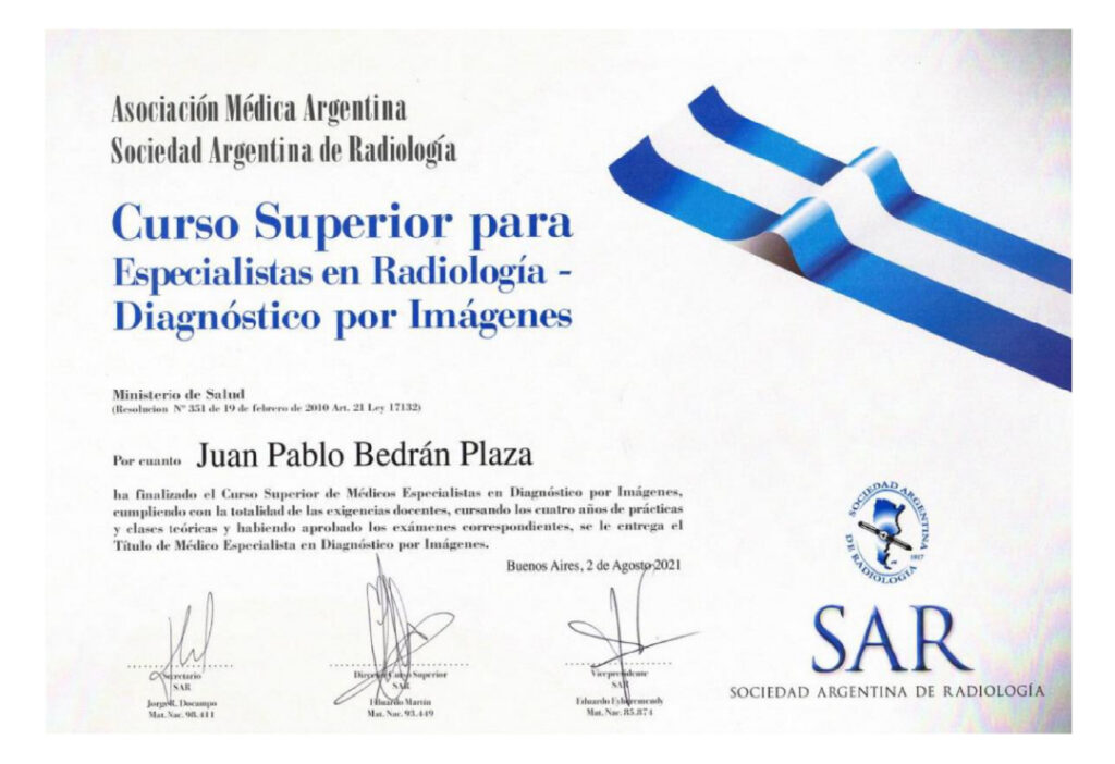 Juan Pablo Bedrán-certificado-Curso Superior para especialistas en Radiología Diagnóstico por imágen-100