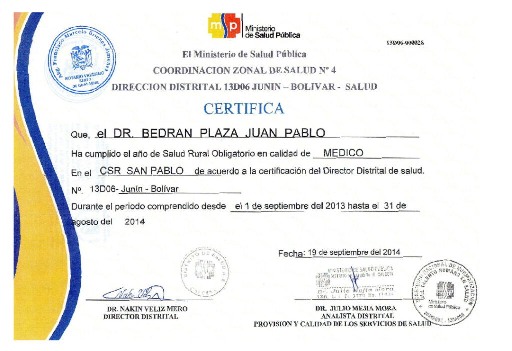Juan Pablo Bedrán-certificado-Ministerio de Salud Pública coordinación zonal de lasud n4-100