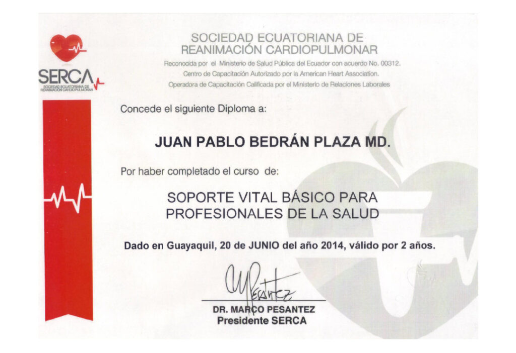 Juan Pablo Bedrán-certificado-Sociedad Ecuatoriana de Reanimación cardiopulmonar-Soporte vita básico-100