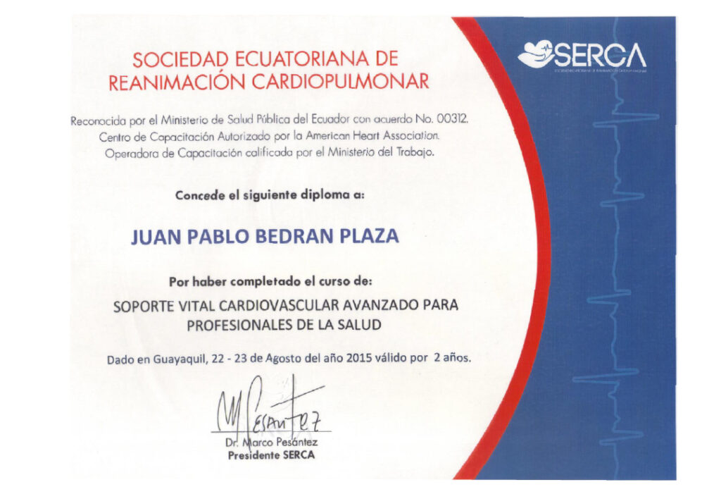 Juan Pablo Bedrán-certificado-Sociedad Ecuatoriana de reanimacón cardiopulmonar-100